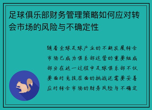 足球俱乐部财务管理策略如何应对转会市场的风险与不确定性 足球俱乐部财务管理策略如何应对转会市场的风险与不确定性